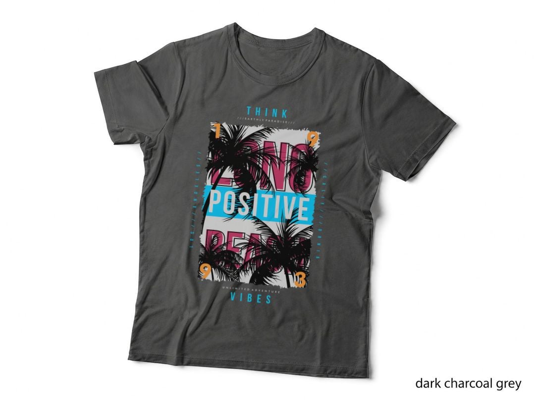 Think Positive Vibes Tropical Palm Tree Design Cyan Pink Orange Retro T-Shirt