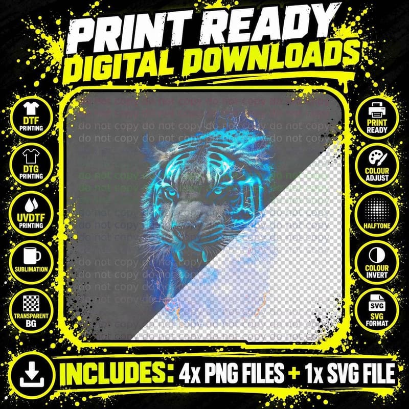Tiger Cyan Neon Circuit Tech Retro T-Shirt Png SVG Digital Bundle