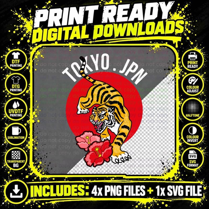 Tiger Tokyo Jpn Red Circle Japanese Flag Vintage Retro Png SVG Digital Bundle