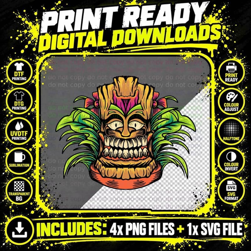 Tiki Mask Tropical Colorful Hawaiian Retro T-Shirt Png SVG Digital Bundle