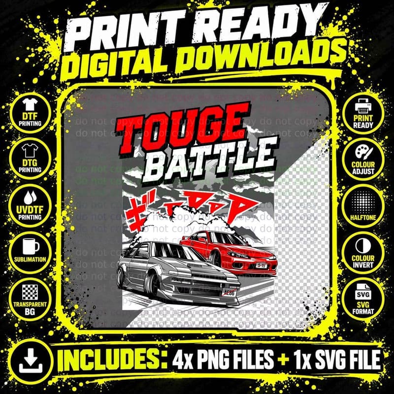 Touge Battle Two Cars Battling Red White Distressed Png SVG Digital Bundle