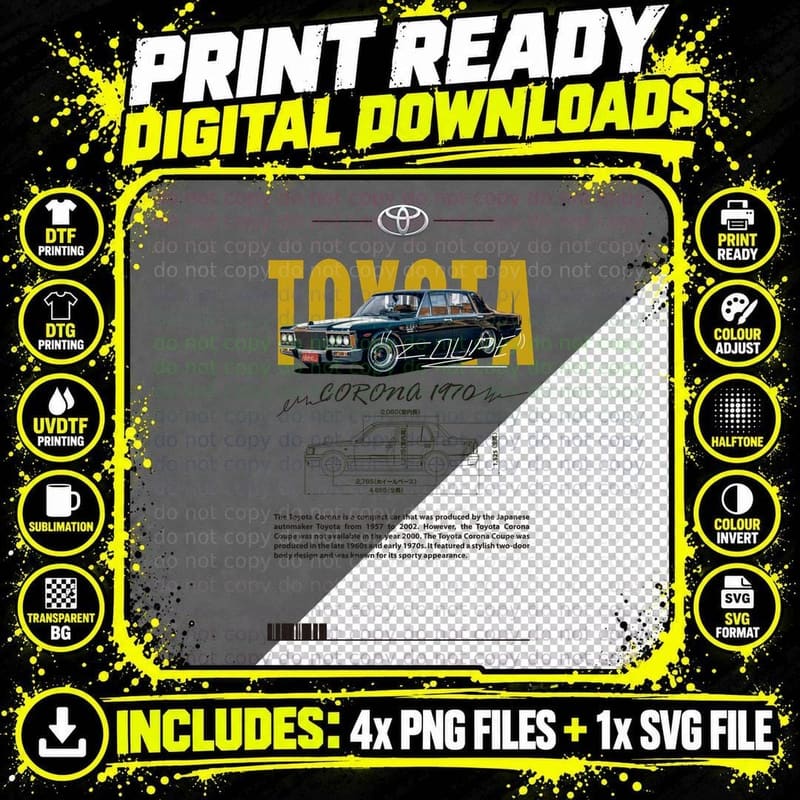 Toyota Corona 1970 Black Classic Sedan Japanese Vintage Png SVG Digital Bundle