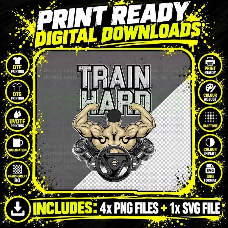 Train Hard Muscular Head Dumbbells Distressed T-Shirt Png SVG Digital Bundle
