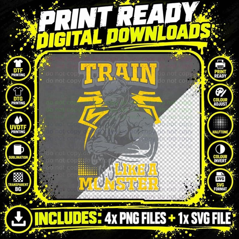 Train Like a Monster Yellow Lightning Bolts Muscular Png SVG Digital Bundle
