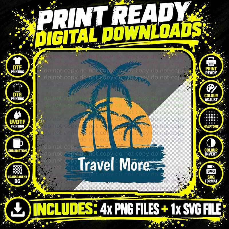 Travel More Retro Vintage Palms Sunset Orange Yellow Png SVG Digital Bundle