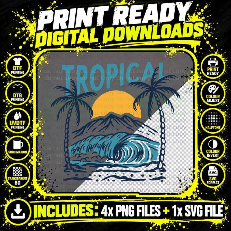Tropical Paradise Palm Trees Sunset Ocean Waves Retro Png SVG Digital Bundle