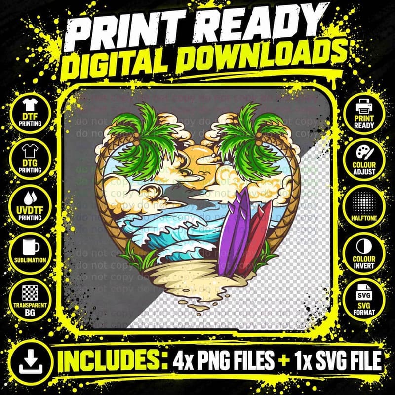 Tropical Paradise Palm Trees Surfboard Waves Ocean Beach Png SVG Digital Bundle