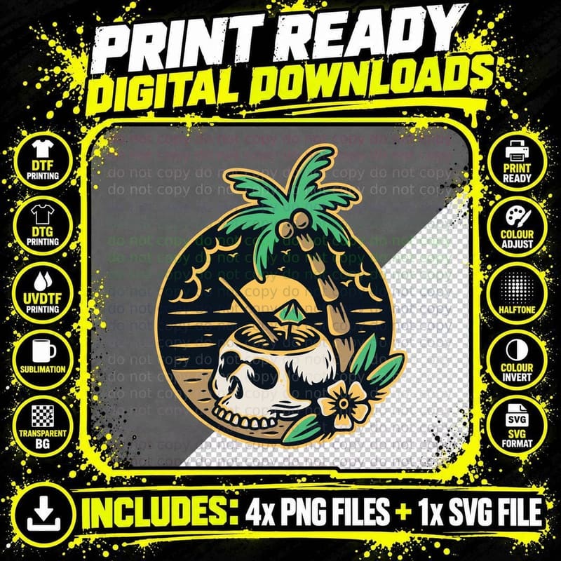 Tropical Skull Palm Tree Flowers Vintage Tattoo T-Shirt Png SVG Digital Bundle