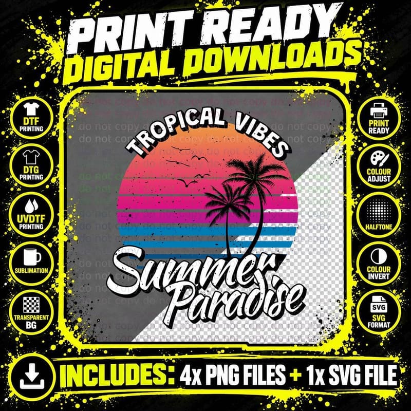 Tropical Vibes Paradise Summer Retro Sunset Design with Png SVG Digital Bundle