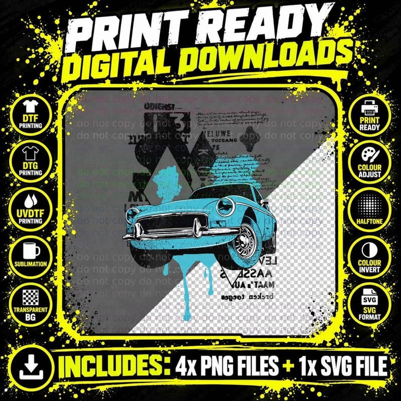 Unidentified Retro Car Blue Graffiti Distressed Text Png SVG Digital Bundle