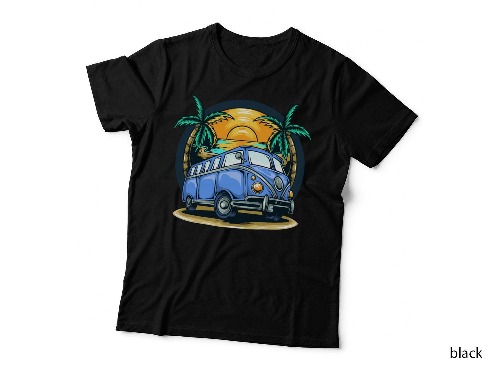 Vacation Sunset Vintage Car with Palm Trees and Retro Travel T-Shirt