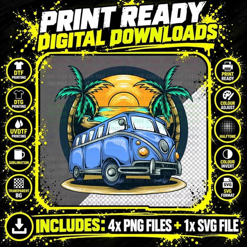 Vacation Sunset Vintage Car with Palm Trees and Retro Png SVG Digital Bundle