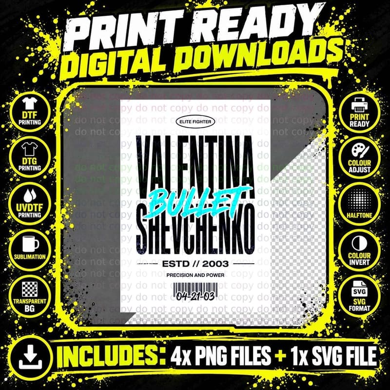 Valentina Shevchenko Bullet Black Background Bold Png SVG Digital Bundle
