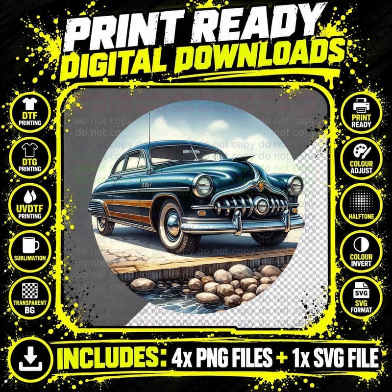 Vintage Car 1950s Sedan Blue Orange Two-Tone Rocky Beach Png SVG Digital Bundle