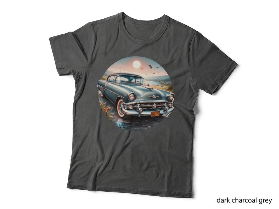Vintage Car 1950s Sedan Blue Teal Lake Landscape Mountains Sunset T-Shirt