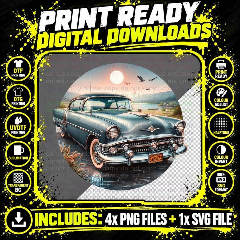 Vintage Car 1950s Sedan Blue Teal Lake Landscape Png SVG Digital Bundle