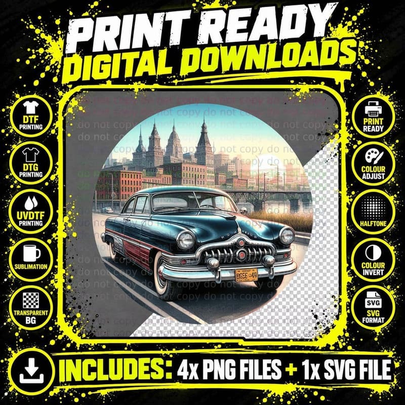 Vintage Car 1950s Sedan Dark Teal Blue Cityscape Png SVG Digital Bundle