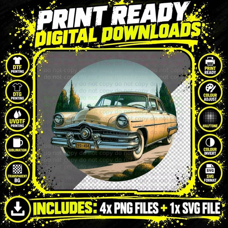 Vintage Car 1950s Sedan Golden Cream Countryside Cypress Png SVG Digital Bundle