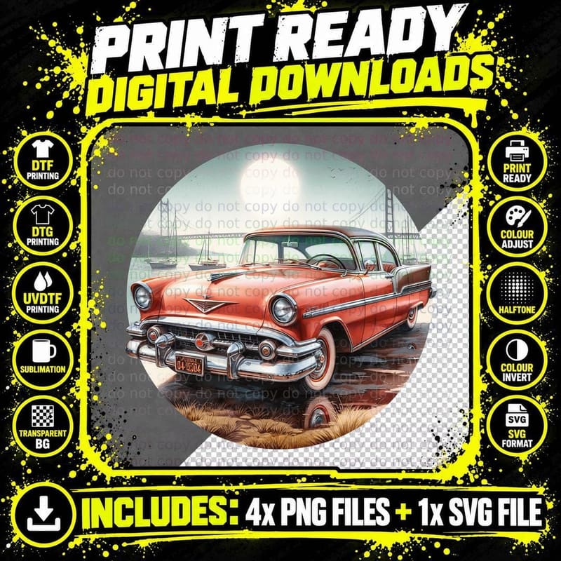 Vintage Car 1950s Sedan Red Coral Bridge Golden Gate Png SVG Digital Bundle