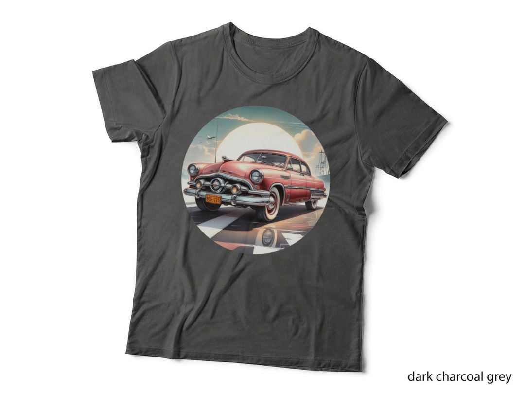 Vintage Car 1950s Sedan Red Coral Sunset Beach Sailboat Waterfront T-Shirt