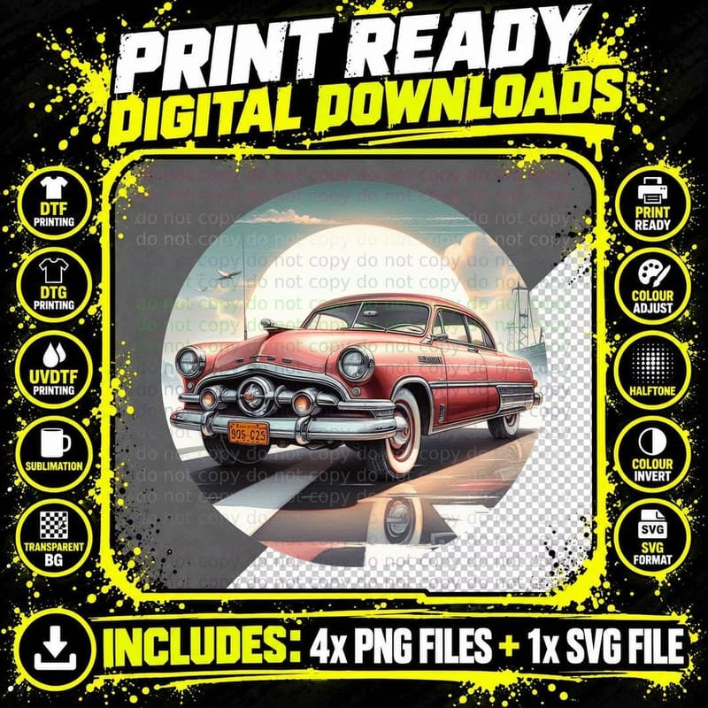 Vintage Car 1950s Sedan Red Coral Sunset Beach Sailboat Png SVG Digital Bundle