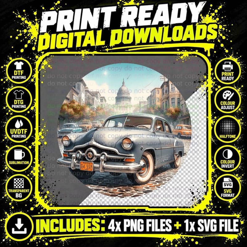 Vintage Car 1950s Sedan Retro Cream Cityscape Washington Png SVG Digital Bundle