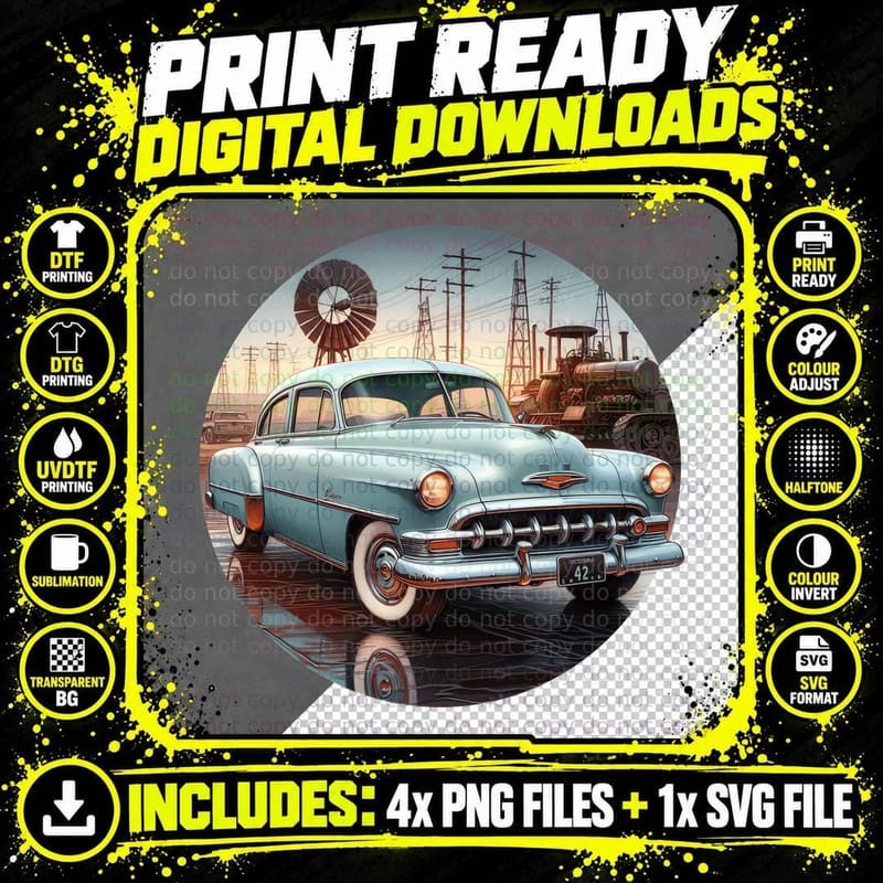 Vintage Car 1950s Sedan Retro Light Blue Pink Industrial Png SVG Digital Bundle