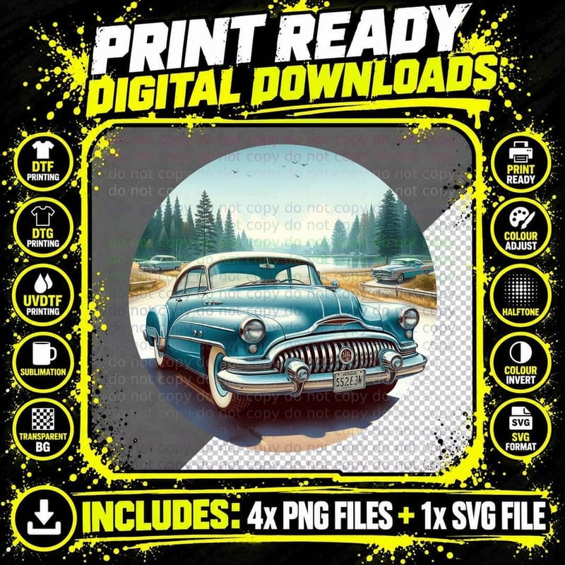 Vintage Car 1950s Sedan Retro Teal Blue Chrome Forest Png SVG Digital Bundle