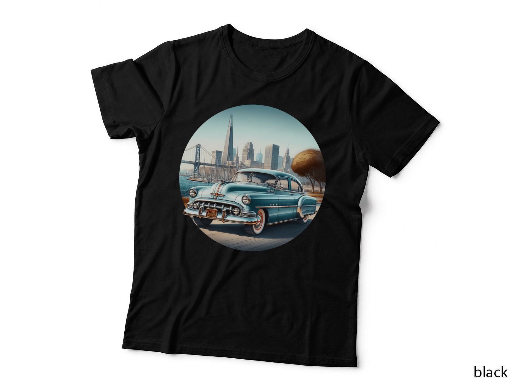 Vintage Car 1950s Sedan Retro Teal Chrome San Francisco Bridge T-Shirt