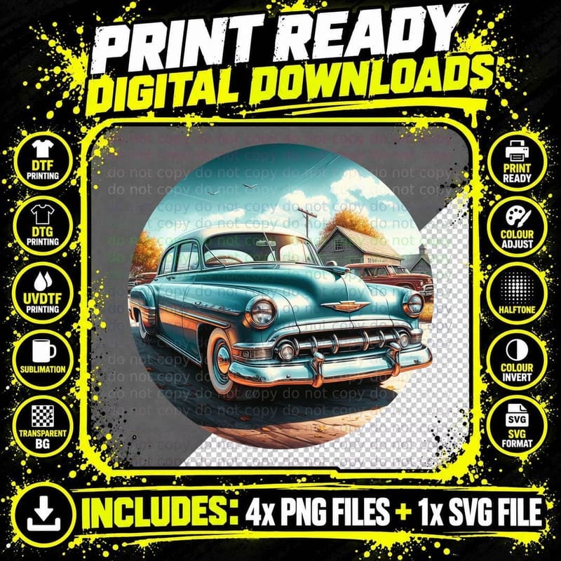 Vintage Car 1950s Sedan Two-Tone Teal Pink Los Angeles Png SVG Digital Bundle