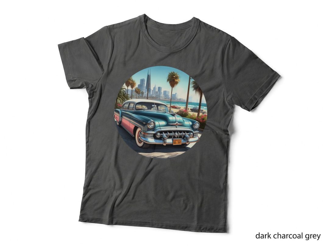 Vintage Car 1950s Sedan Two-Tone Teal Pink Los Angeles Cityscape T-Shirt