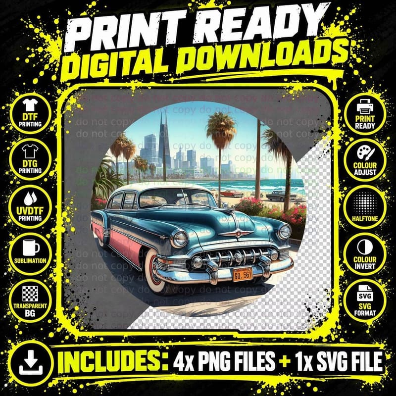 Vintage Car 1950s Sedan Two-Tone Teal Pink Los Angeles Png SVG Digital Bundle