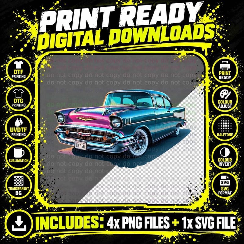 Vintage Car 597-5m Teal Turquoise Neon Retro T-Shirt Png SVG Digital Bundle