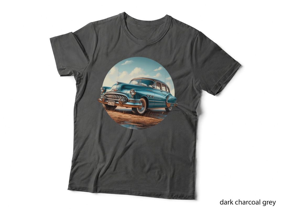 Vintage Car Desert Plain Blue 1950s Sedan on Dusty Retro Roadside T-Shirt