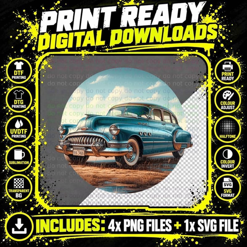 Vintage Car Desert Plain Blue 1950s Sedan on Dusty Retro Png SVG Digital Bundle