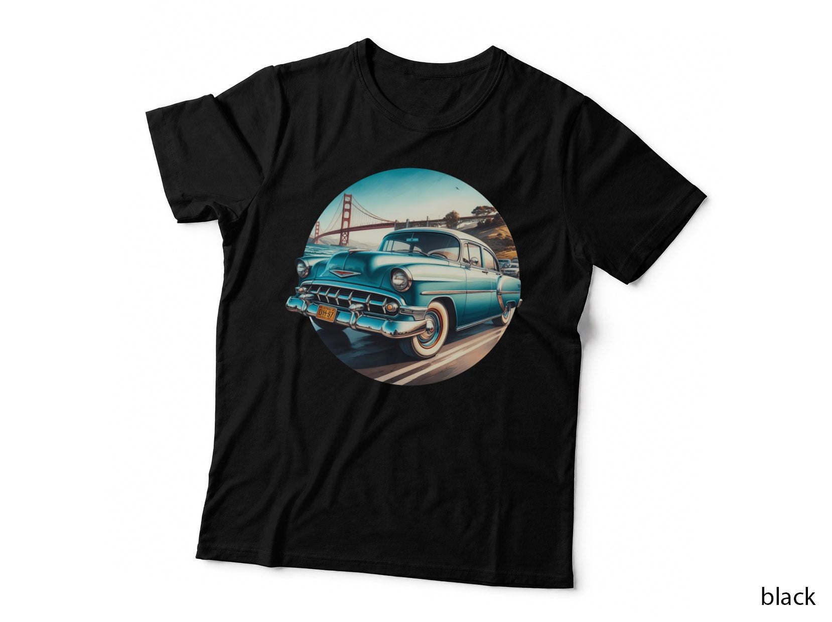 Vintage Car Golden Gate Blue 1950s at Bridge San Francisco Landmark T-Shirt