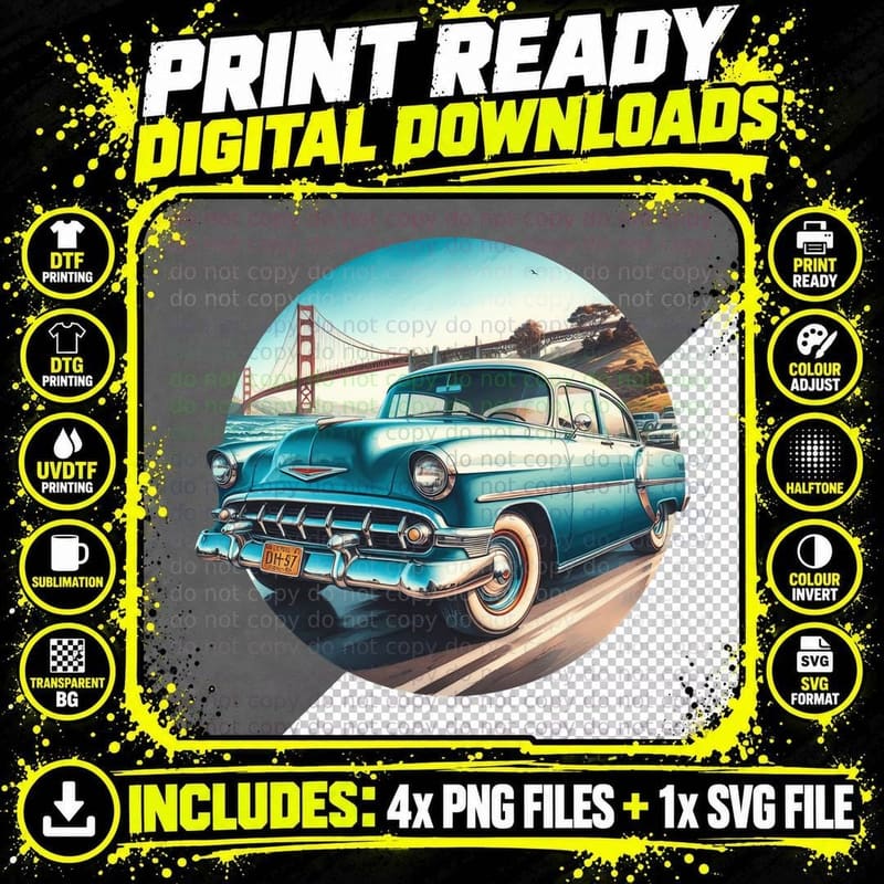 Vintage Car Golden Gate Blue 1950s at Bridge San Png SVG Digital Bundle