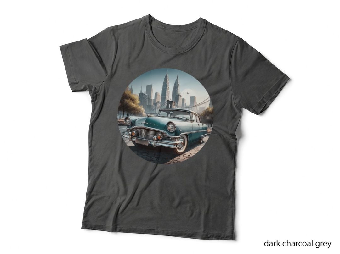 Vintage Car Nyc Cityscape Blue Green 1950s Manhattan Skyscrapers Urban T-Shirt