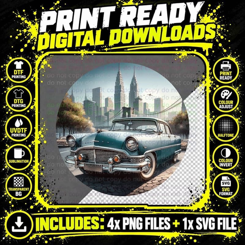 Vintage Car Nyc Cityscape Blue Green 1950s Manhattan Png SVG Digital Bundle