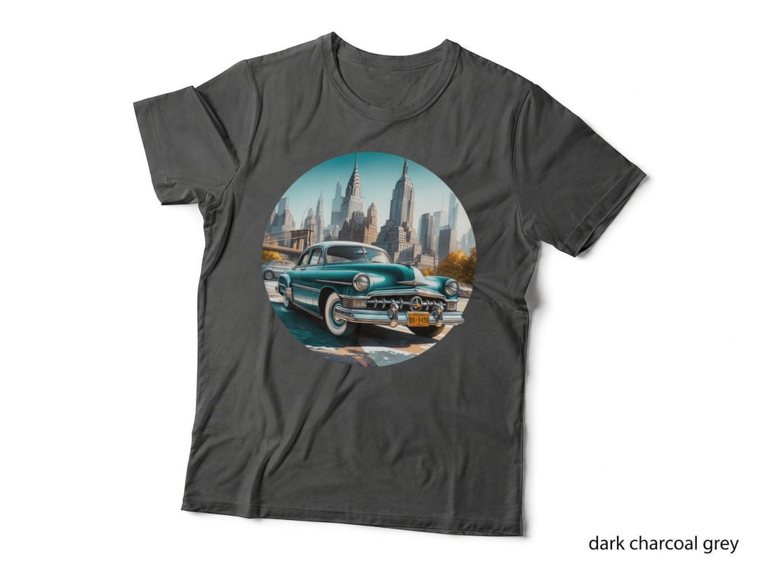 Vintage Car Nyc Skyline Blue 1950s in Iconic Manhattan Buildings Urban T-Shirt
