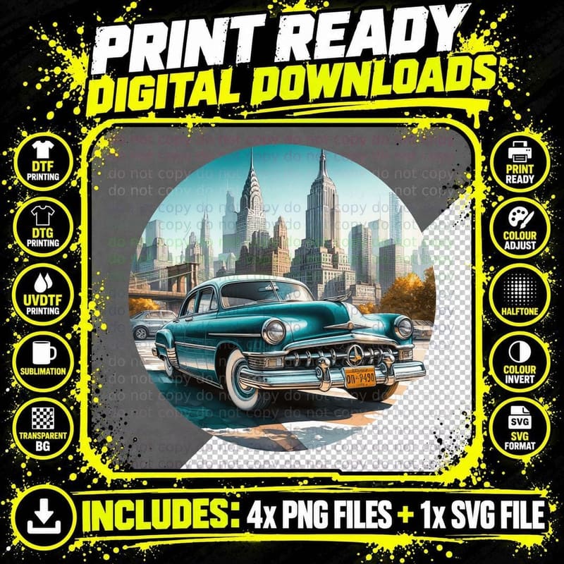Vintage Car Nyc Skyline Blue 1950s in Iconic Manhattan Png SVG Digital Bundle