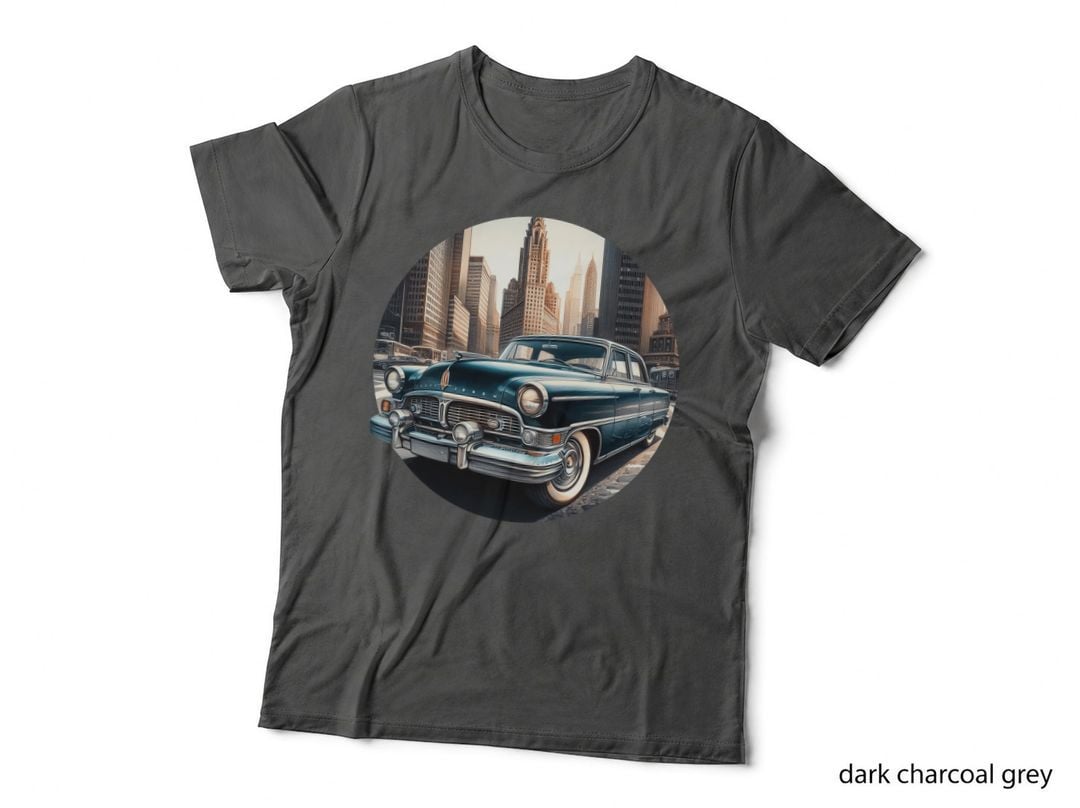 Vintage Car Nyc Street Blue 1950s in Tall Skyscrapers Urban Cityscape T-Shirt