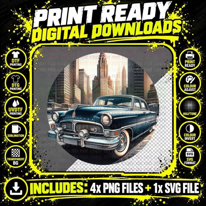 Vintage Car Nyc Street Blue 1950s in Tall Skyscrapers Png SVG Digital Bundle