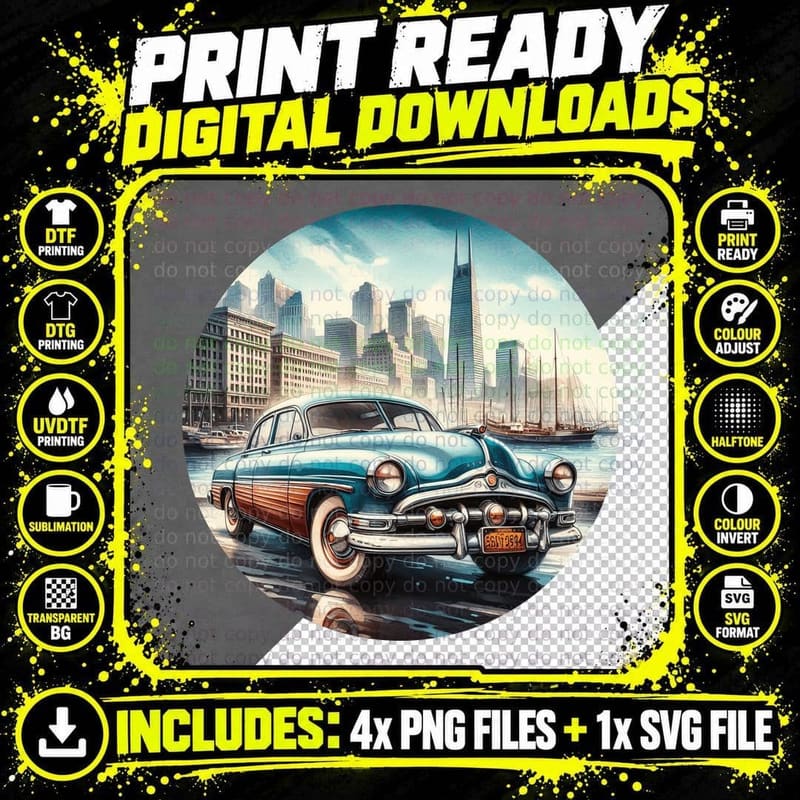 Vintage Car Nyc Waterfront Blue Tan 1950s Iconic Skyline Png SVG Digital Bundle