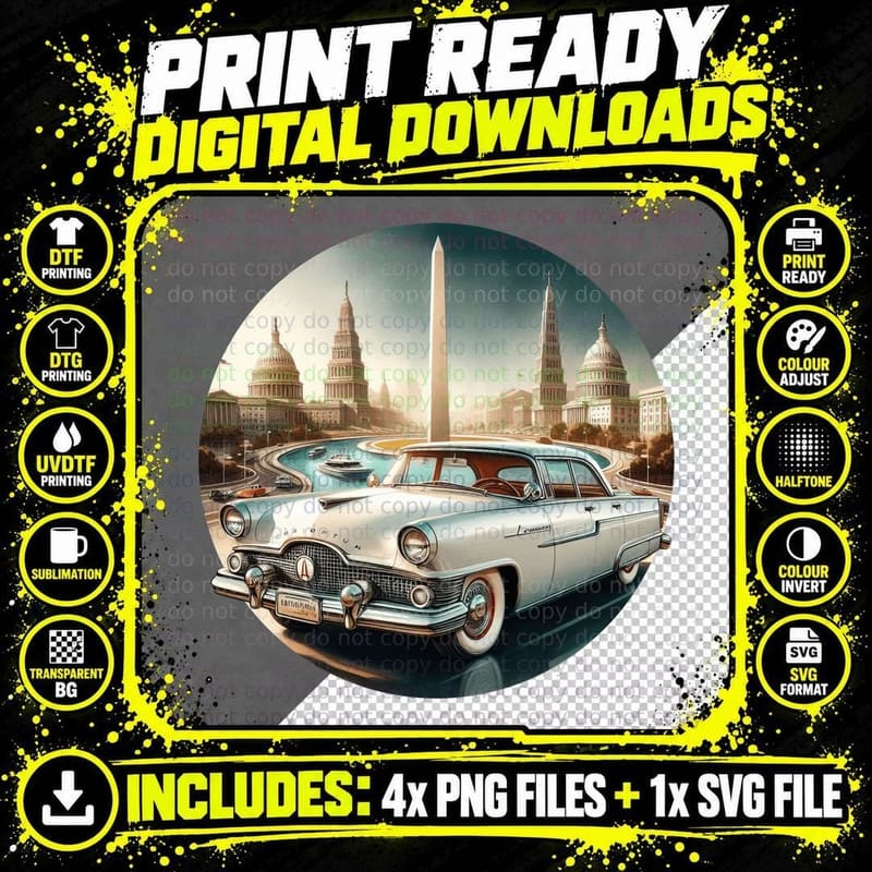 Vintage Car Washington Dc Cream White 1950s Capitol Png SVG Digital Bundle