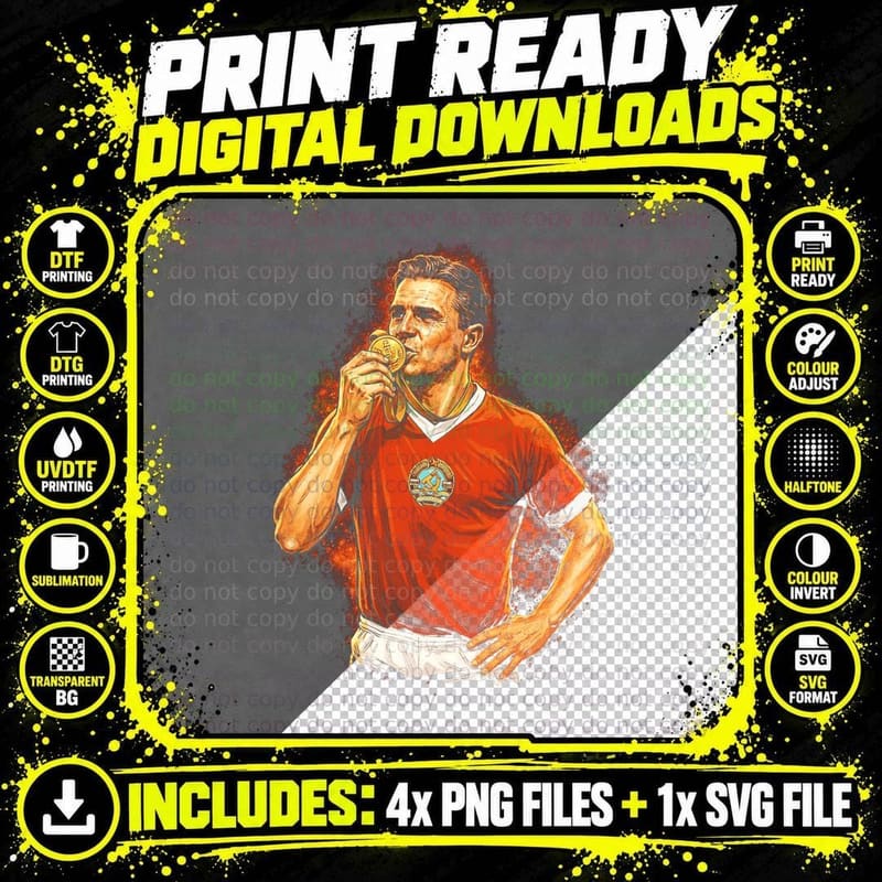 Vintage Male Footballer Kissing Gold Medal Red Kit with Png SVG Digital Bundle