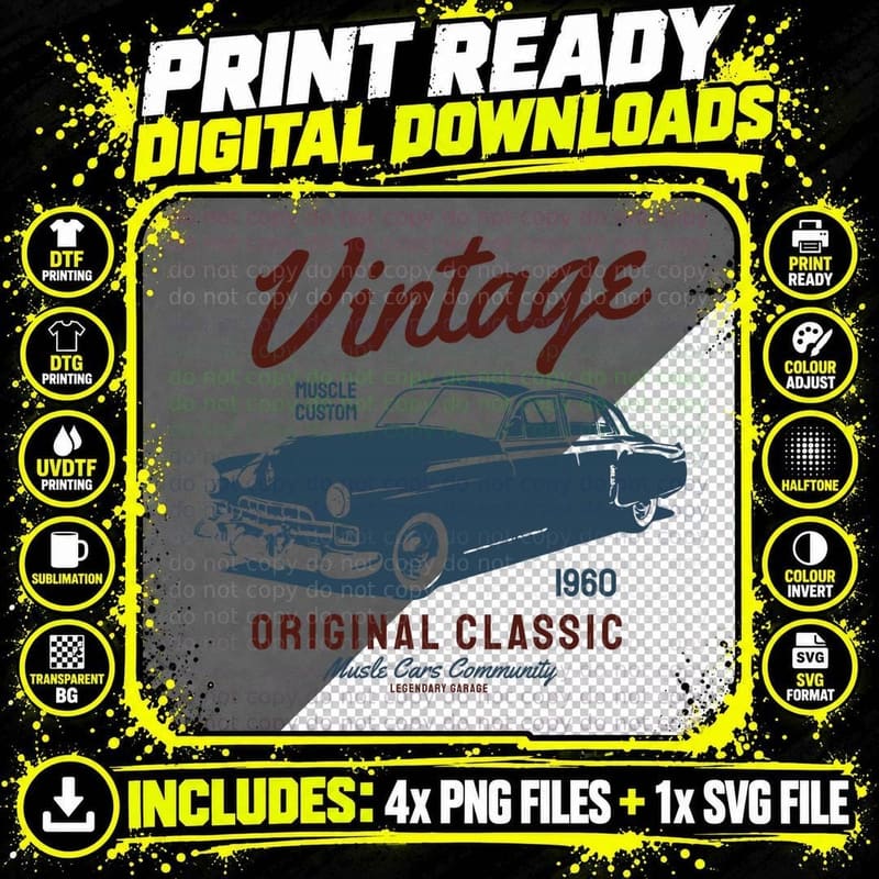 Vintage Original Classic Muscle Custom 1960 Music Cars Png SVG Digital Bundle