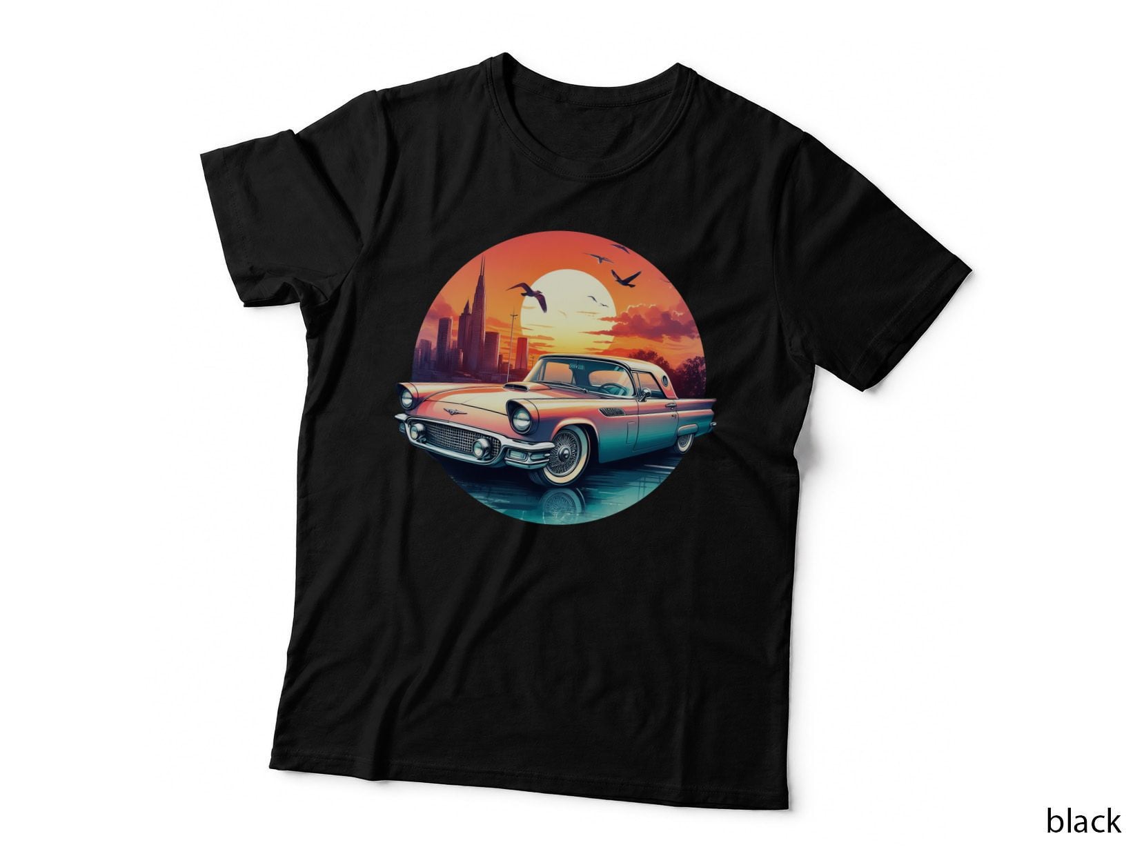 Vintage Roadster Retro 1950s Car Sunset Cityscape Vibe T-Shirt