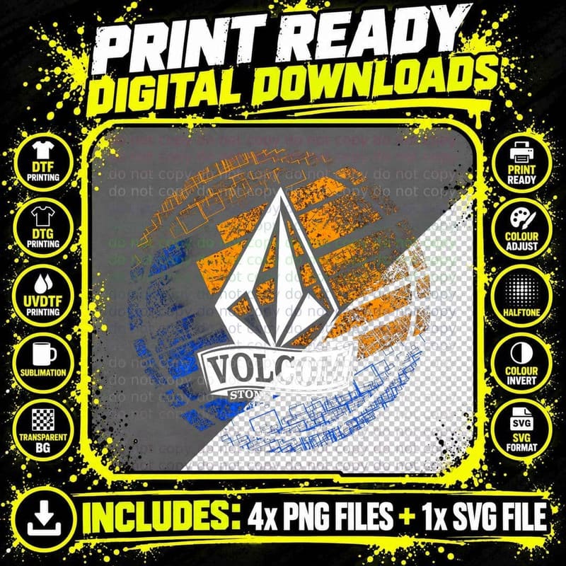 Volcom Stone Logo with Distressed Background Orange Blue Png SVG Digital Bundle