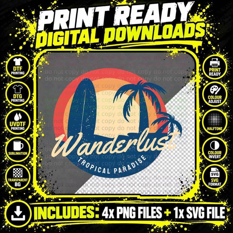 Wanderlust Tropical Paradise Retro Badge Circle Surfer Png SVG Digital Bundle